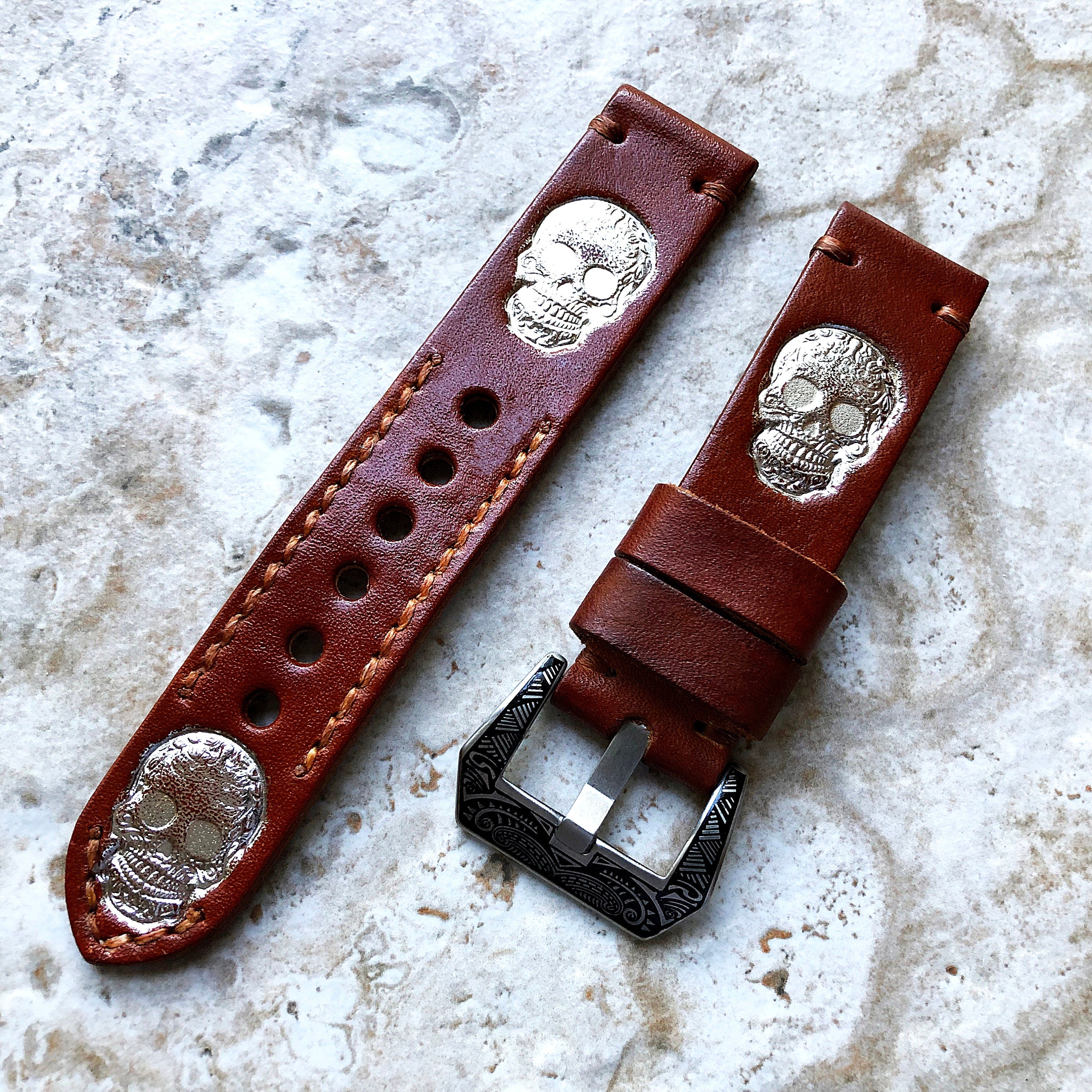 Fancy Skull S Band 22mm 24mm 25mm Compatible with Apple Watch Fitbit Versa 2 3 4 Sense 2 Ionic Accented Embossed Leather Handmade Strap